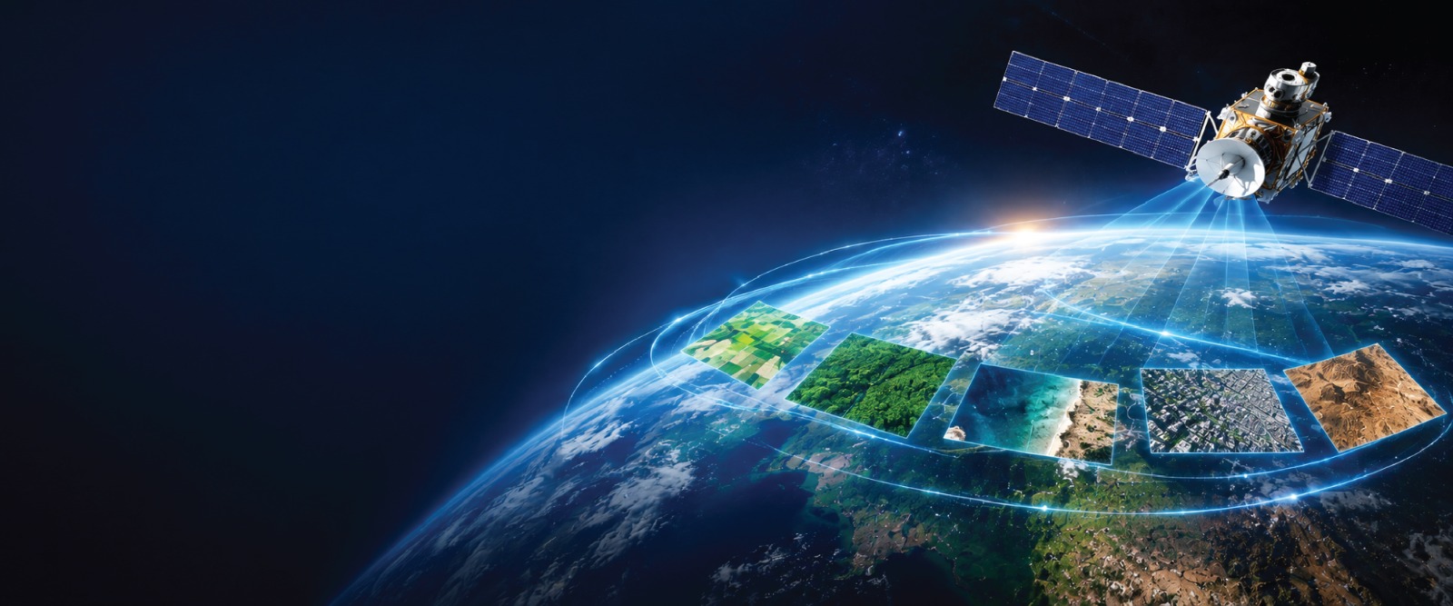 Satellite capturing field data tiles across Earth